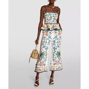 House of Harlow 1960 Floral Top & Pants Set Sz 6 Linen Blend Peplum Resort Beach